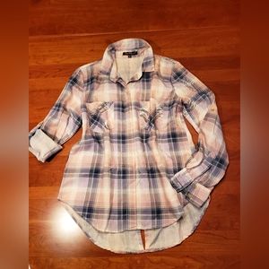 Velvet Heart Placket Front Plaid Shirt, size S, pink-lav-navy plaid.